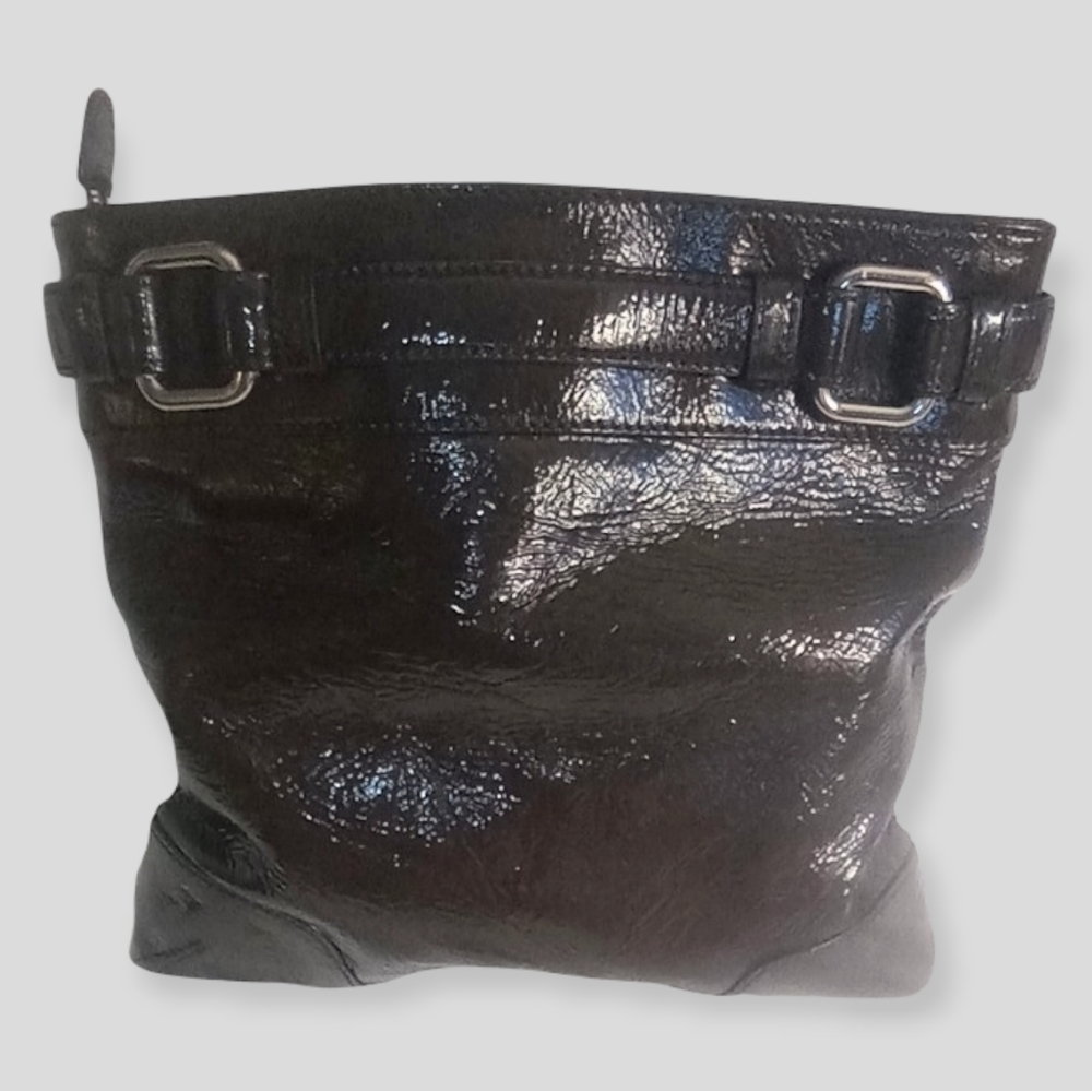 Club Monaco Clutch Purse Patented Leather Chocolate Brown Fold Over Vintage Y2K
